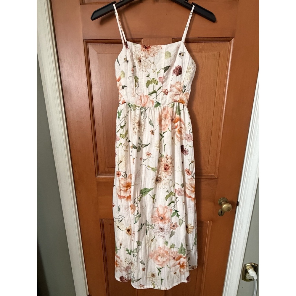 Women's H&M White & Floral Strappy Midi Dress Floral & Bumblebee Spring Dress